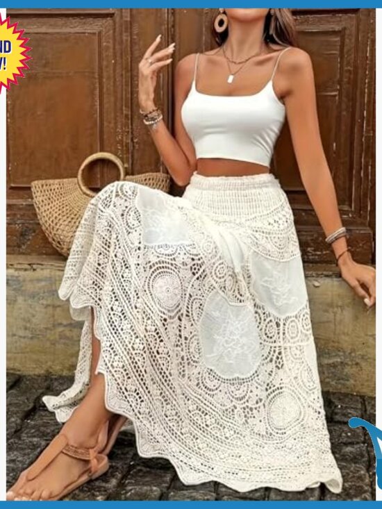 Crochet Maxi Skirt High Waist A-Line Floral Eyelet Lace Beach Cover Up - Picture 5 of 7